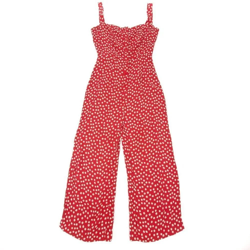 NEW Reformation Della Jumpsuit Wide Leg Button Down Crop Dallas Floral Red Daisy